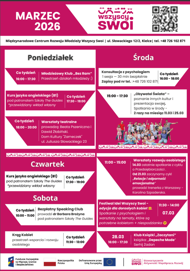 Plakat informacyjny z harmonogramem działań i warsztatów na marzec 2026 roku przygotowany przez Międzynarodowe Centrum Rozwoju Młodzieży Wszyscy Swoi. Szczegółowy plan zajęć, a także dane kontaktowe znajdują się w treści poniżej.