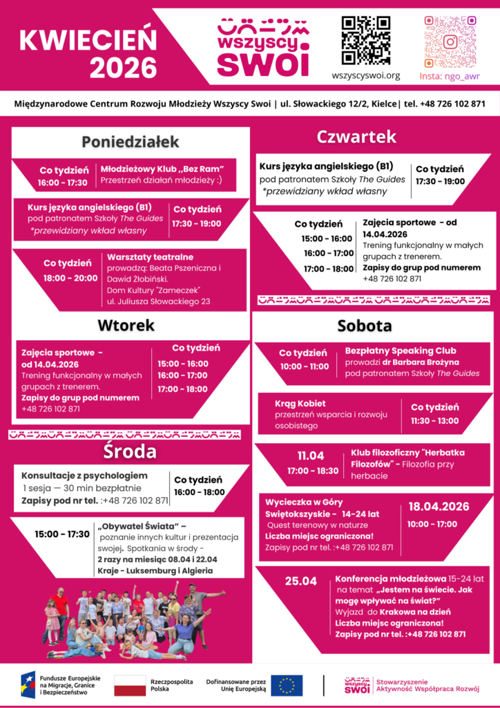 harmonogram działań Centrum Wszyscy Swoi na kwiecień, w formie grafiki; pełny tekst dostępny po kliknięciu we wpis