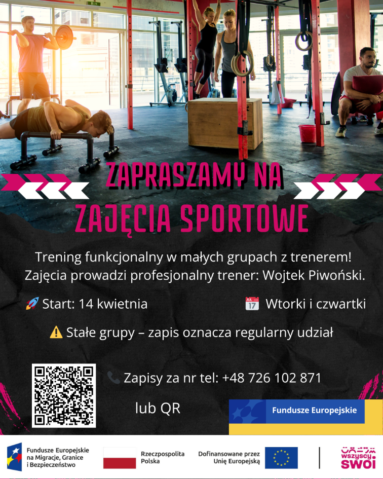 Plakat: Trening funkcjonalny z Wojtkiem Piwońskim. Start 14 kwietnia, wtorki i czwartki. Zapisy: +48 726 102 871.