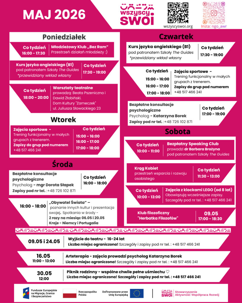 Plakat: Harmonogram działań na Maj 2026 Międzynarodowego Centrum Rozwoju Młodzieży Wszyscy Swoi w Kielcach. Zawiera wykaz bezpłatnych zajęć cyklicznych oraz wydarzeń jednorazowych, takich jak wyjścia do teatru, arteterapia i piknik rodzinny. Podano szczegółowe godziny, dni tygodnia oraz numery telefonów do zapisów. Projekt współfinansowany przez Unię Europejską.