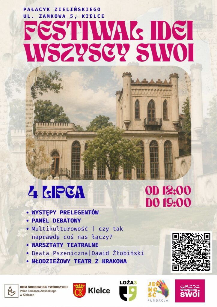 Plakat Festiwalu Idei Wszyscy Swoi w Pałacyku Zielińskiego w Kielcach, 4 lipca w godzinach 12:00-19:00. W programie debata o multikulturowości i warsztaty teatralne.