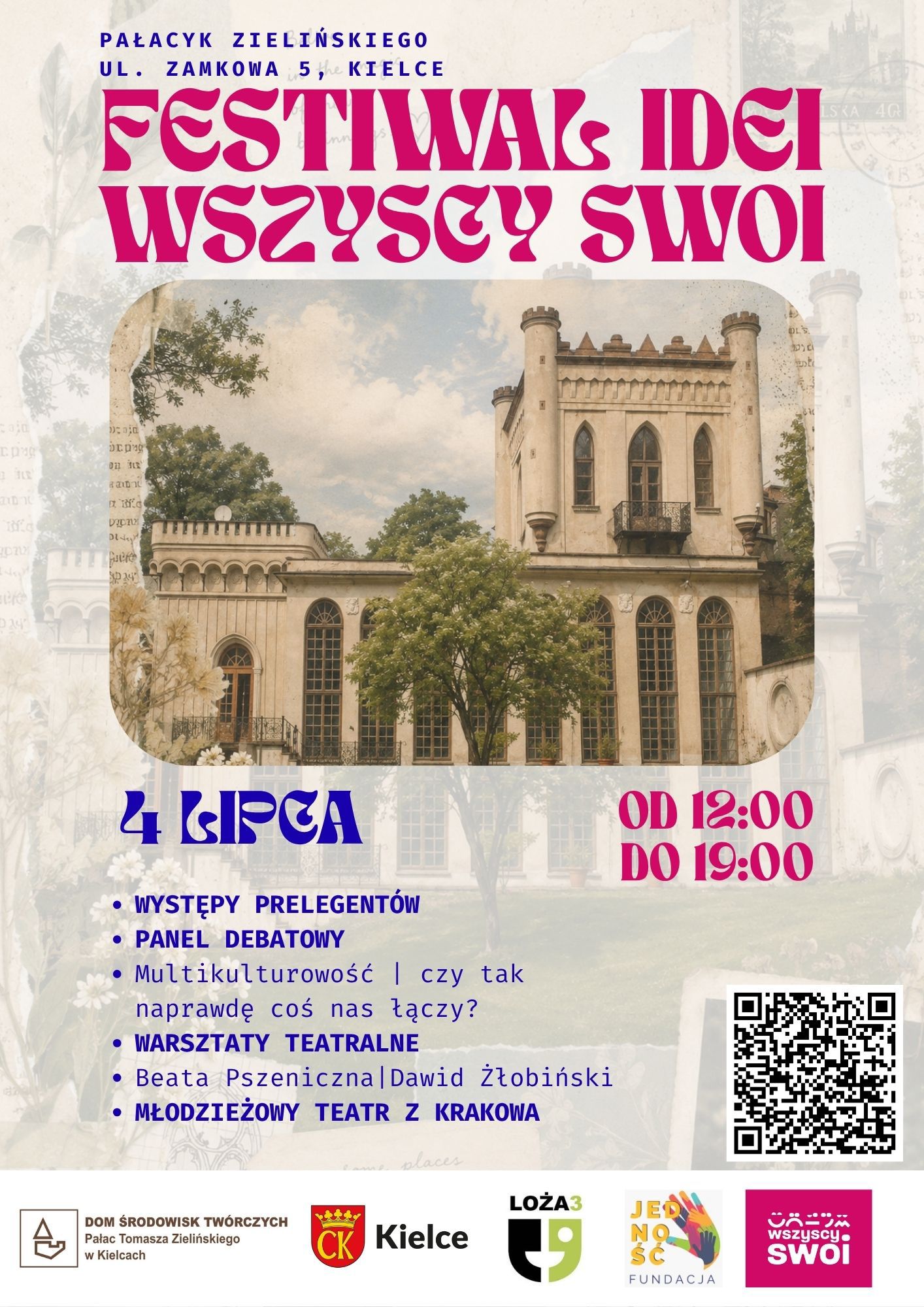 Plakat Festiwalu Idei Wszyscy Swoi w Pałacyku Zielińskiego w Kielcach, 4 lipca w godzinach 12:00-19:00. W programie debata o multikulturowości i warsztaty teatralne.