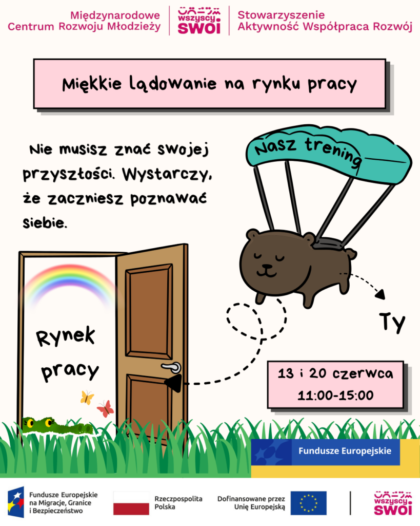 Plakat informacyjny „Miękkie lądowanie na rynku pracy” – zaproszenie na treningi 13 i 20 czerwca w godzinach 11:00-15:00. Szczegóły w opisie.