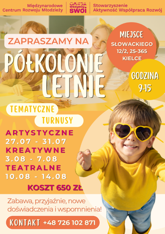 Plakat informacyjny Stowarzyszenia SWOI o półkoloniach letnich dla dzieci. Szczegółowy harmonogram turnusów, koszt i kontakt znajdują się w treści poniżej.