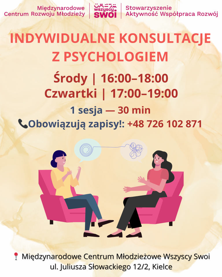 Plakat informacyjny z napisem Indywidualne konsultacje z psychologiem, przedstawiający ilustrację dwóch kobiet rozmawiających w fotelach na jasnobeżowym tle z akwarelową plamą. Szczegółowe informacje o terminach i zapisach znajdują się w treści artykułu.