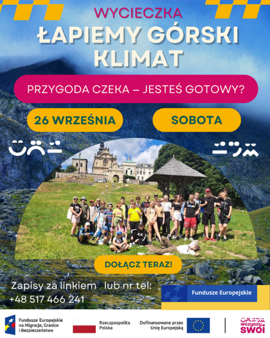 Plakat promocyjny wycieczki górskiej organizowanej 26 września z hasłem Łapiemy górski klimat. Szczegółowe informacje oraz dane kontaktowe znajdują się w treści poniżej.